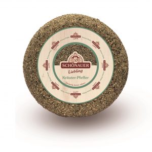 Artikel-Nr. 1552<br>SCHÖNAUER LIEBLING KRÄUTERPFEFFER,<br>Halbfester Schnittkäse aus Deutschland,<br>3,8 kg