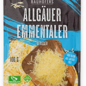 Artikel-Nr. 1843<br>ALLGÄUER EMMENTALER GERIEBEN, Hartkäse aus Deutschland, 100 g