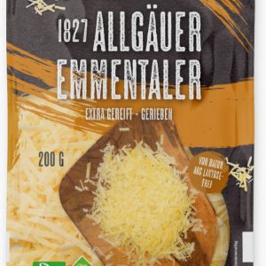 Artikel-Nr. 1852<br>ALLGÄUER EMMENTALER 1827 GERIEBEN, Hartkäse aus Deutschland, 200 g