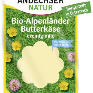 Artikel-Nr. 3743<br>BIO ALPENLÄNDER BUTTERKÄSE SCHEIBEN, Halbfester Schnittkäse aus Deutschland, 150 g